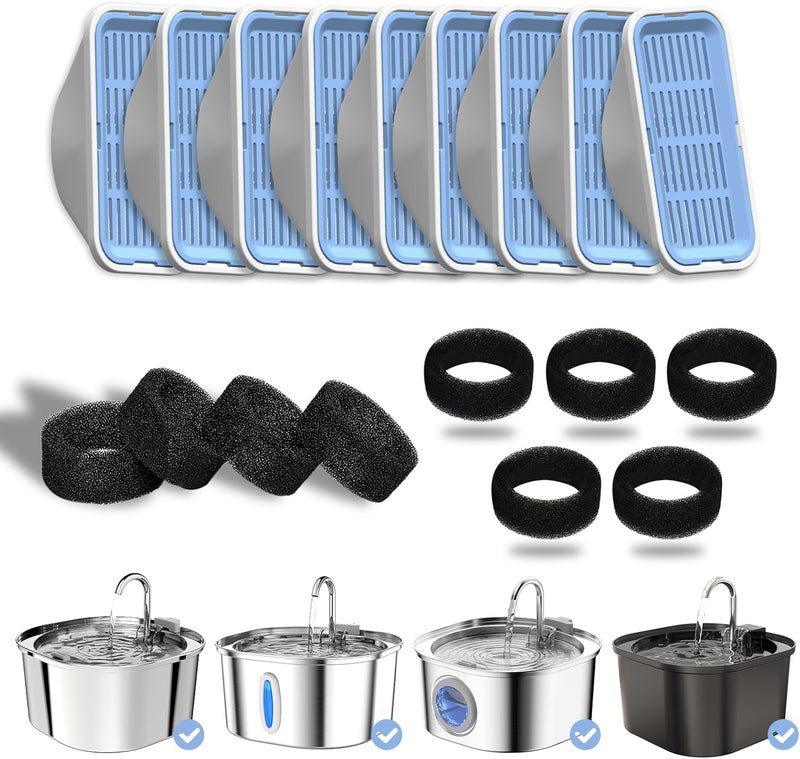 PEKTACO Cat Water Fountain Filters Replacement & Pre-Filter Sponges for 3.2L/108oz Automatic Pet Fountain, Dog Water Dispenser 9 Pack Filters & 9 Pre-Filter Sponges Foam Filters - Image 1